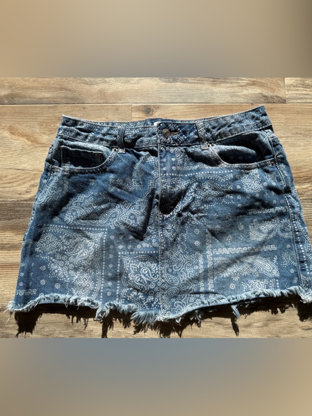Blue Paisley Denim Miniskirt - Women's Frayed Hem